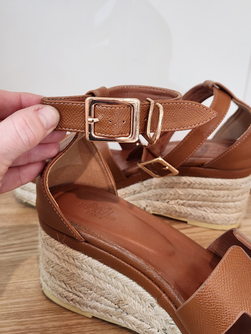 Hermes Elda Tan Leather Platform Espadrille Wedge Strap Heels Size 39 / 8-8.5 - Picture 6 of 11